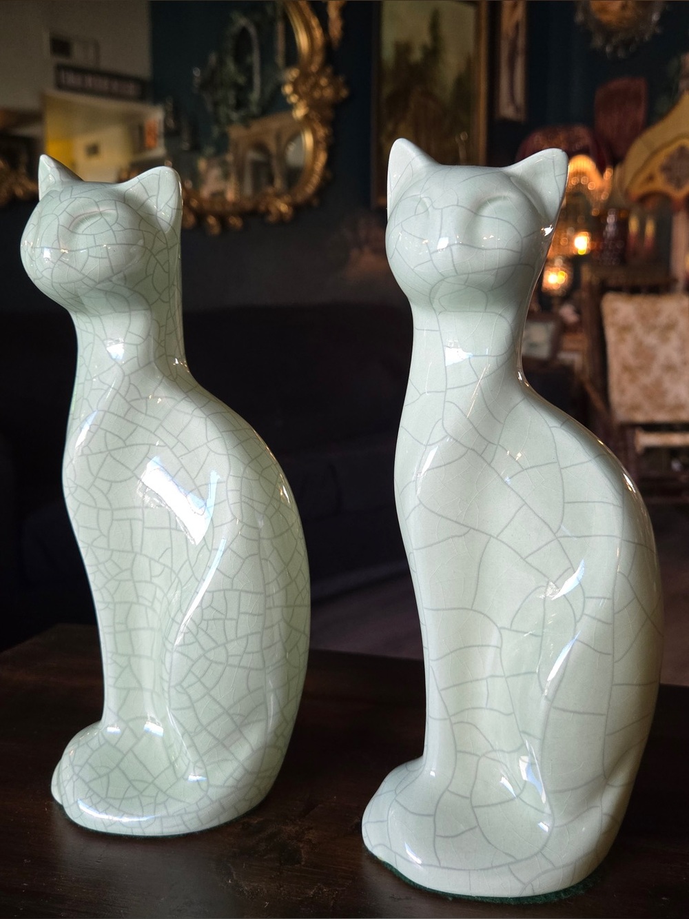 Vintage Teal Crackle Pottery Cat Figurines – Pair (1980s)